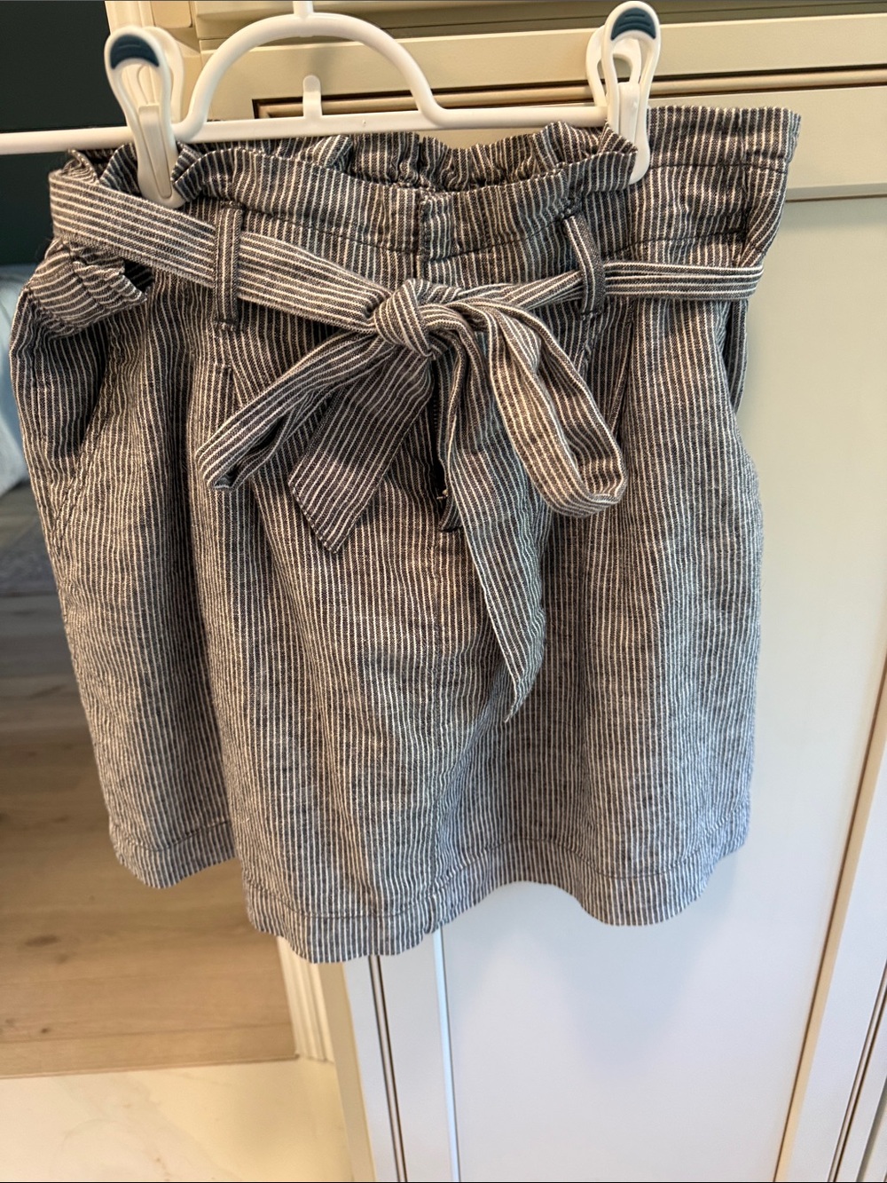 Loft Striped Paperbag Waist Tie Skirt - Gray or Dark Denim